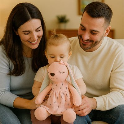 Famille heureuse avec bébé câlinant peluche lapin rose douce réconfortante.
