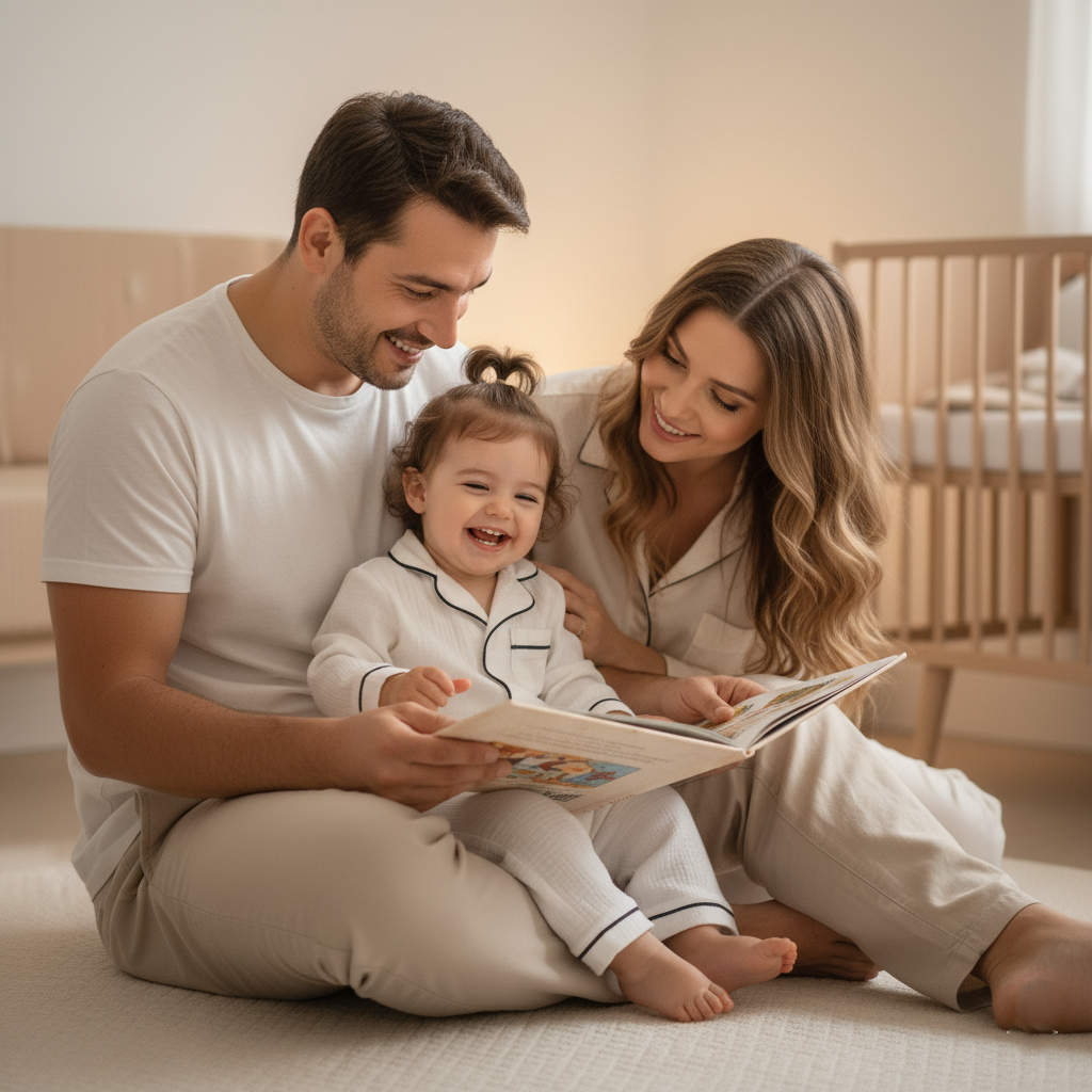 Famille heureuse lisant ensemble, bébé portant un pyjama blanc élégant