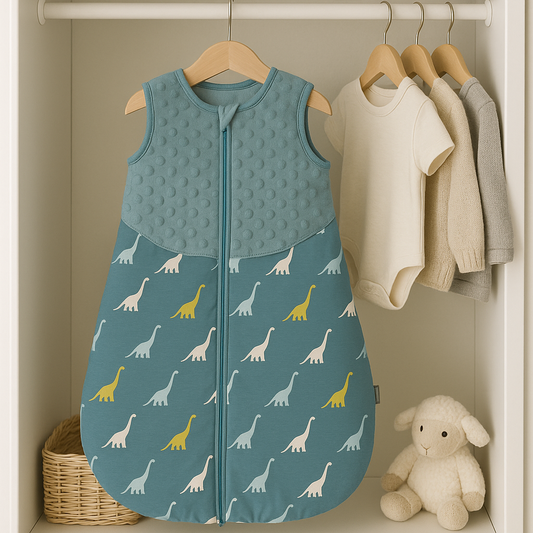 Gigoteuse bébé bleu avec motifs dinosaures et fermeture éclair centrale