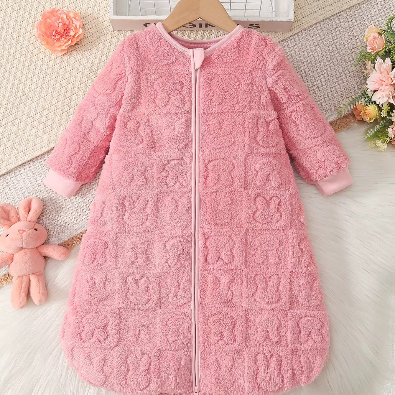 Gigoteuse bébé rose velours doux fermeture éclair centrale manches longues confort