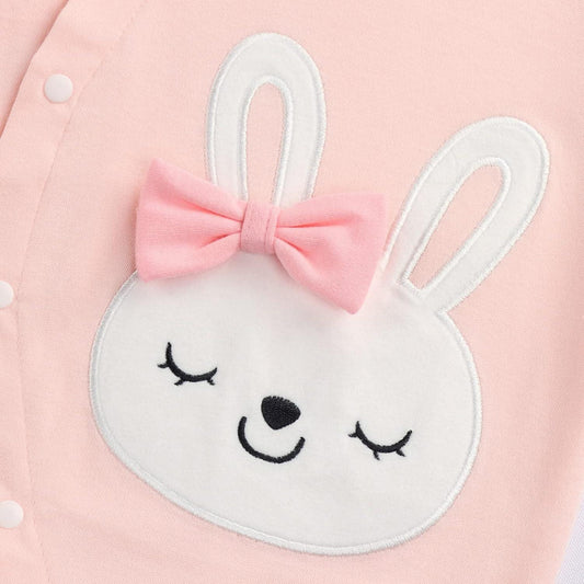 Grenouillère Bébé Fille appliqué lapin blanc avec nœud rose tendre