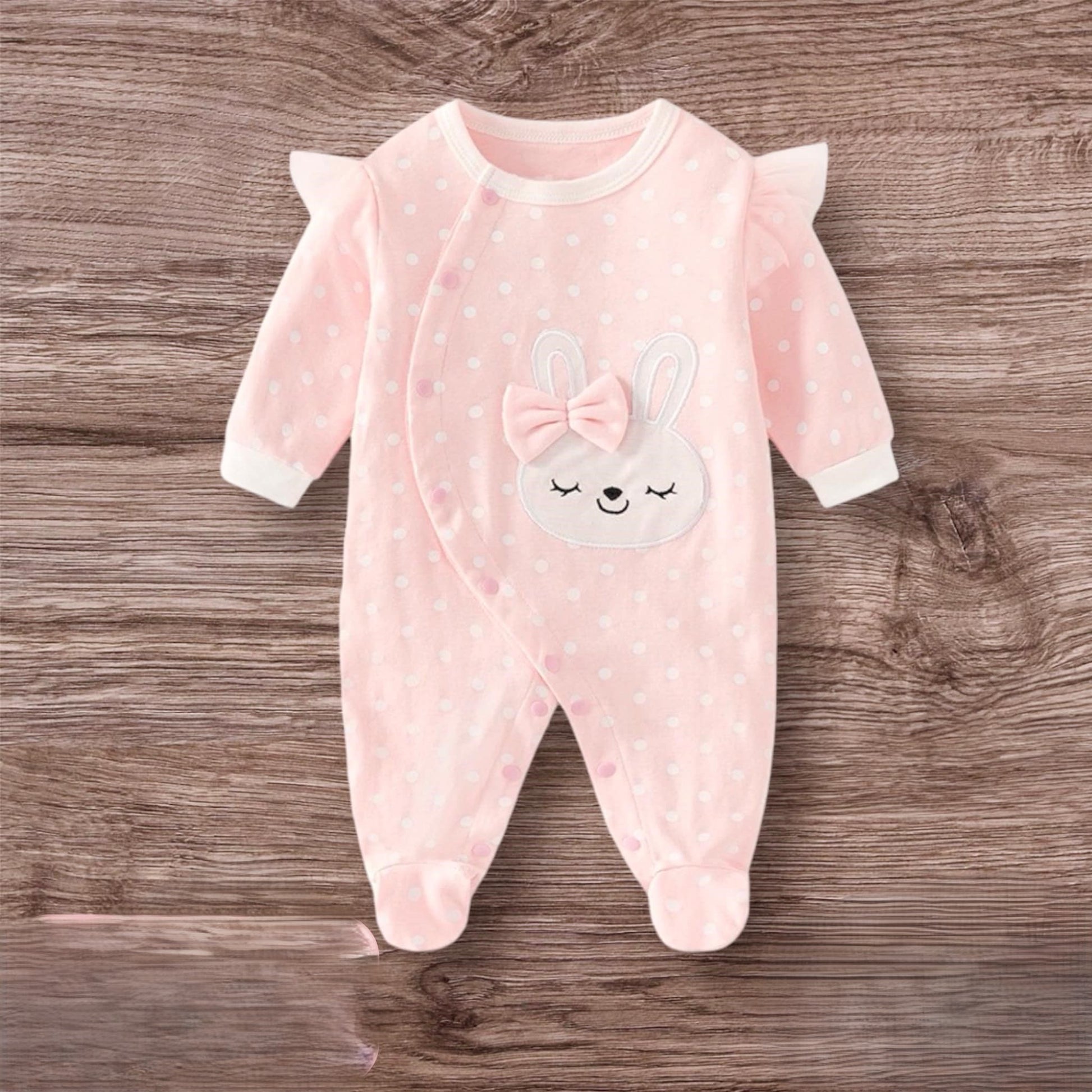 Grenouillère Bébé Fille rose à pois motif lapin cache-cœur confortable