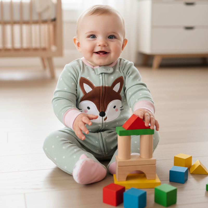 Grenouillère Bébé renard, bébé joue avec blocs en bois.