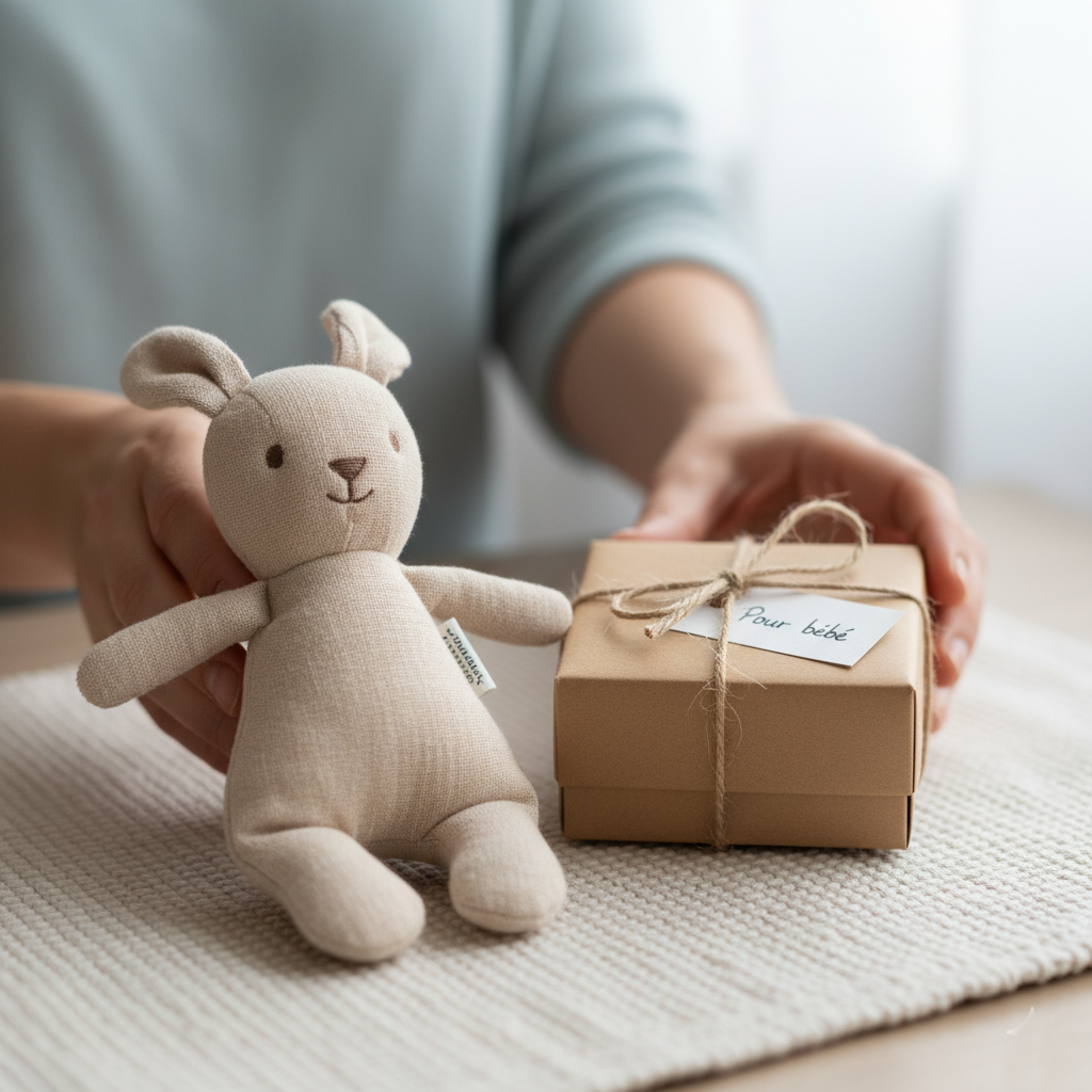 Lapin en peluche beige doux et cadeau emballé avec étiquette Pour bébé