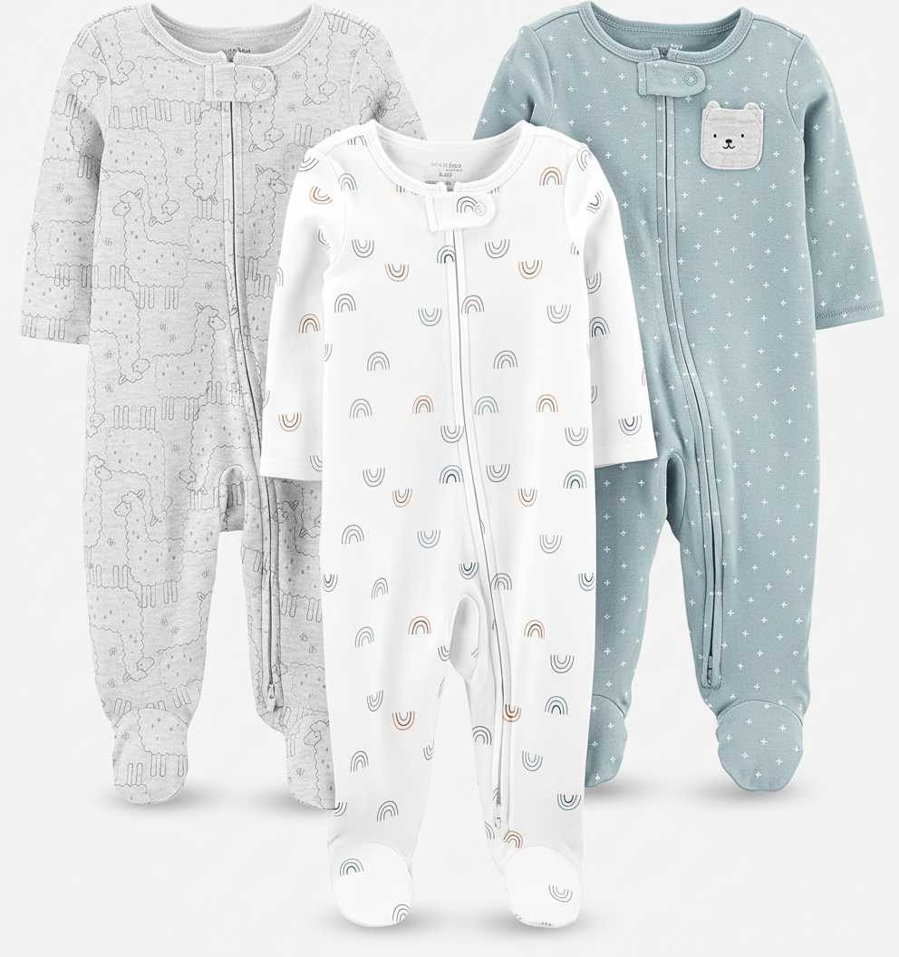 Lot de 3 grenouillères bébé garçon - grise à motifs moutons, blanche à arcs-en-ciel et bleu ciel à poche ours