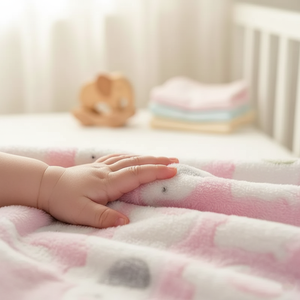 Main de bébé posée sur couverture bebe rose ultra-douce, démonstration de texture moelleuse