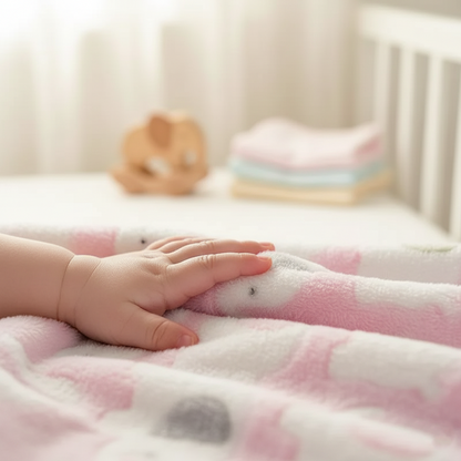 Main de bébé posée sur couverture bebe rose ultra-douce, démonstration de texture moelleuse