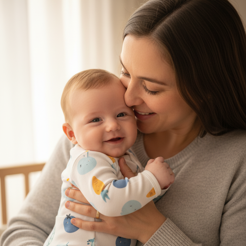 Maman câlinant bébé souriant en barboteuse motifs légumes