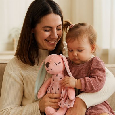 Maman heureuse et bébé jouant doucement avec peluche lapin rose