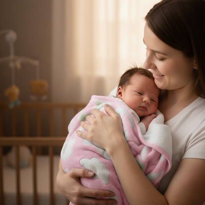 Maman tenant nouveau-né enveloppé dans couverture bebe rose douce