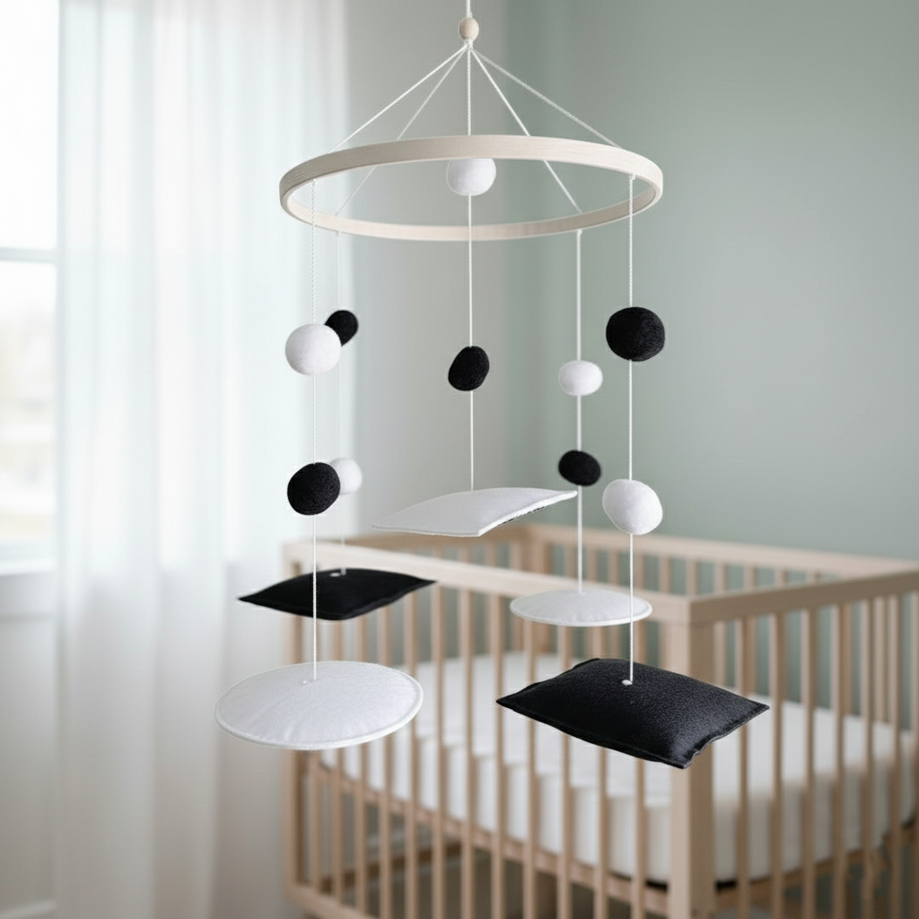 Mobile bébé contrasté noir et blanc avec pompons suspendus pour stimulation visuelle Montessori
