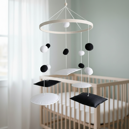 Mobile bébé contrasté noir et blanc avec pompons suspendus pour stimulation visuelle Montessori