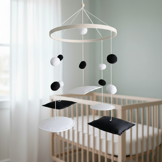 Mobile bébé contrasté noir et blanc avec pompons suspendus pour stimulation visuelle Montessori