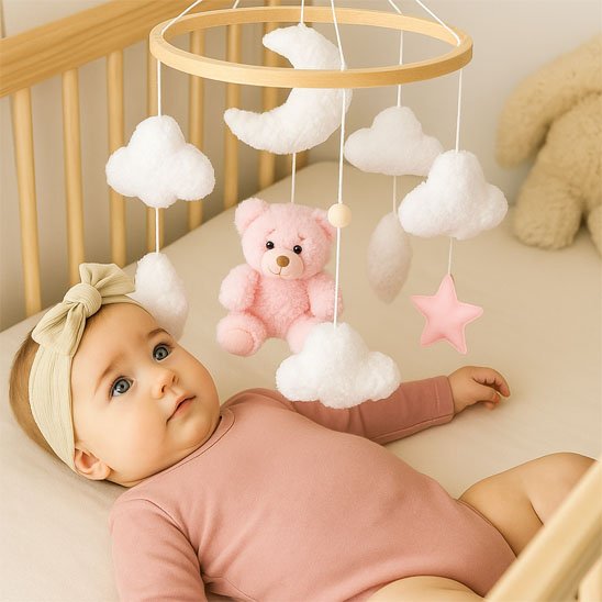 Mobile bébé mélodieux avec ours en peluche rose, nuages blancs et étoiles pastel 