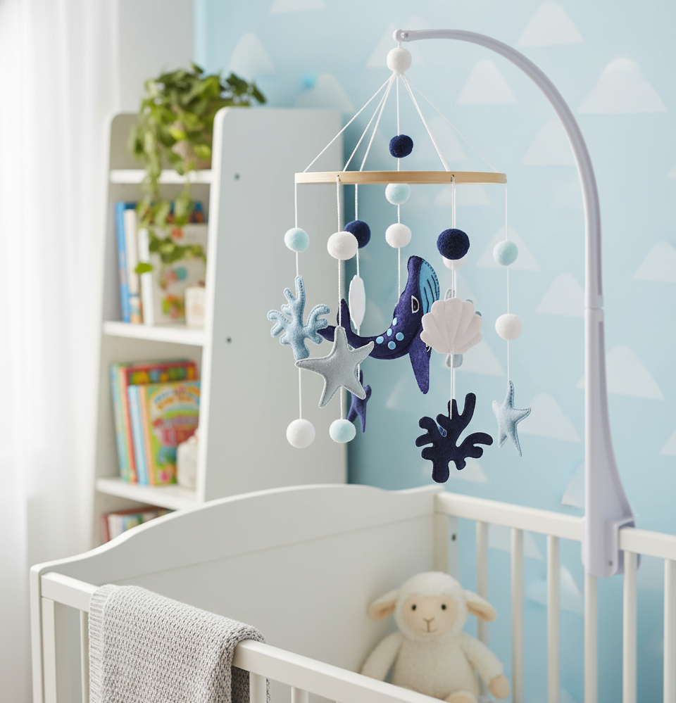 Mobile lit bébé baleine en feutrine bleu suspendu au-dessus du berceau