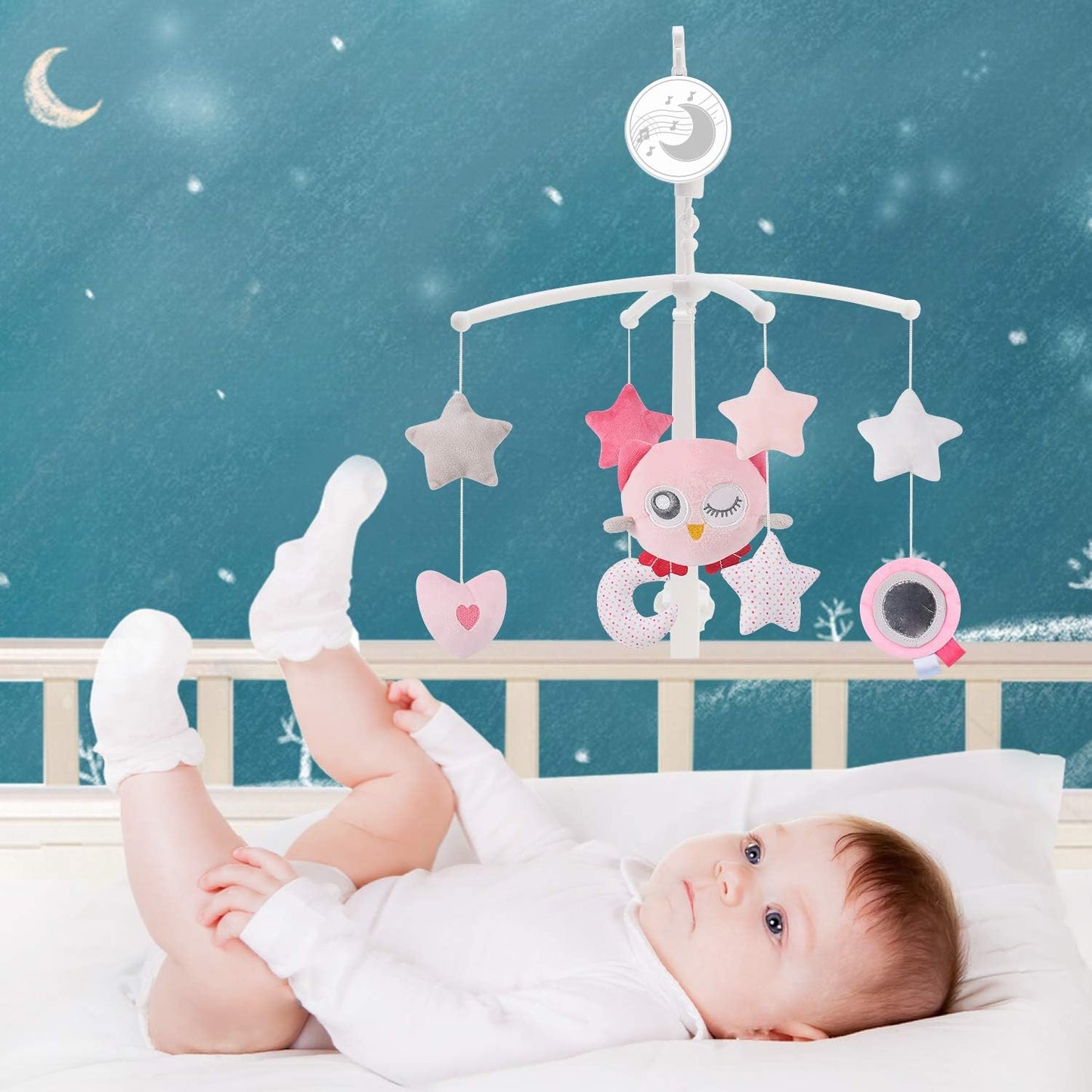 Mobile musical bébé avec chouette rose étoiles et cœur suspendu
