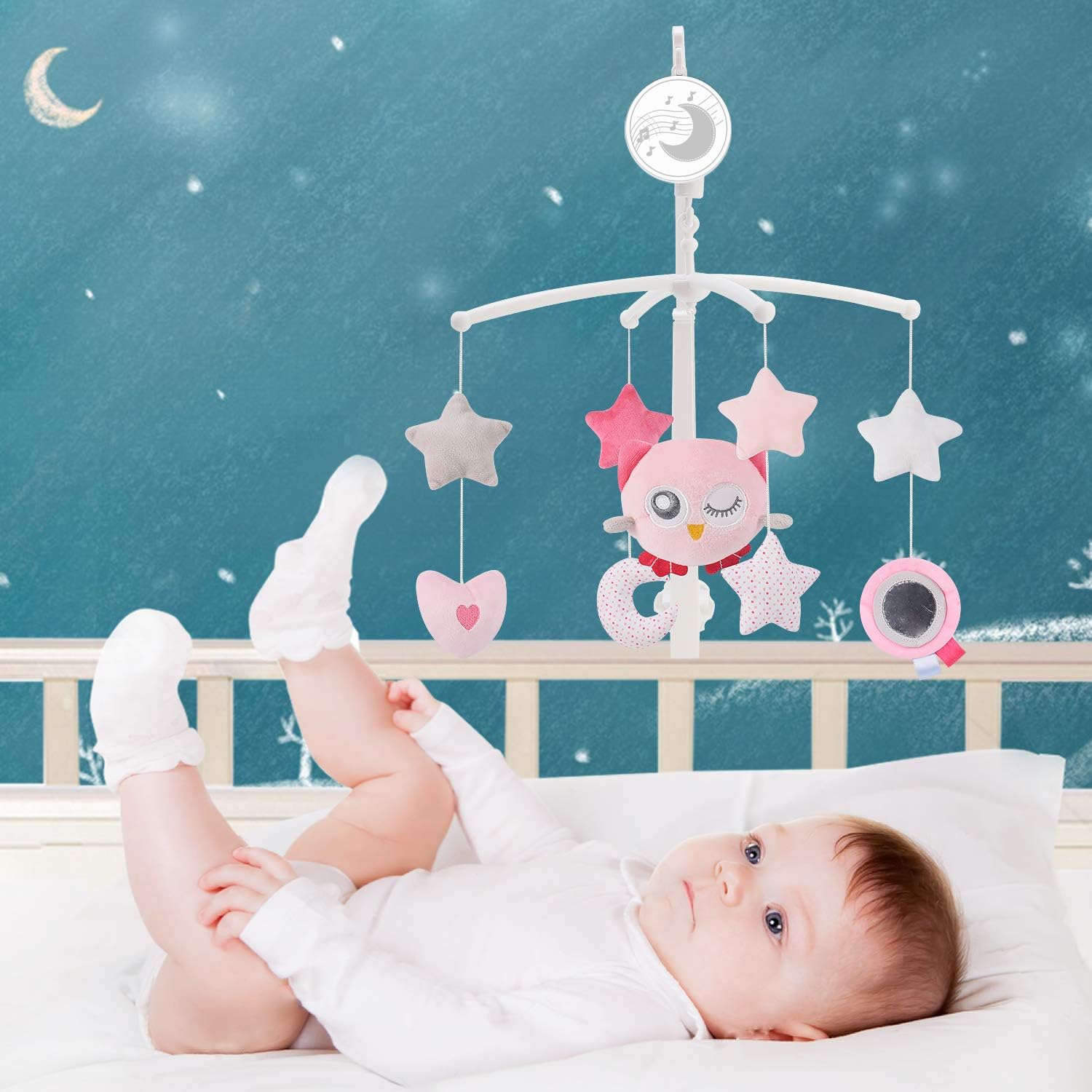 Mobile musical bébé avec chouette rose étoiles et cœur suspendu