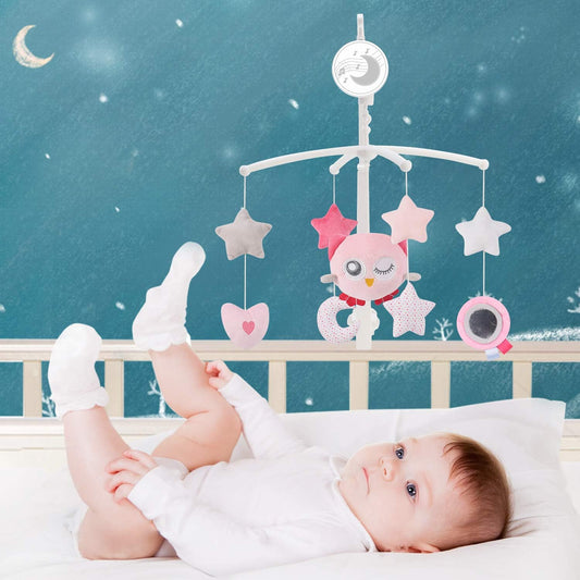 Mobile musical bébé avec chouette rose étoiles et cœur suspendu