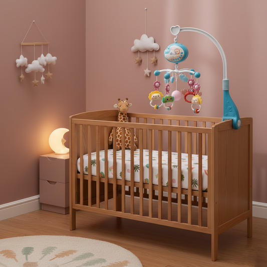 Mobile musical bébé installé sur un berceau en bois