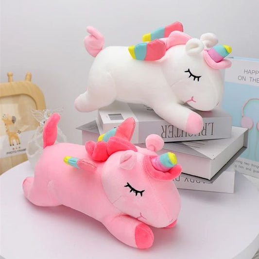 Peluches licornes rose et blanche décoratives avec crinière arc-en-ciel multicolore