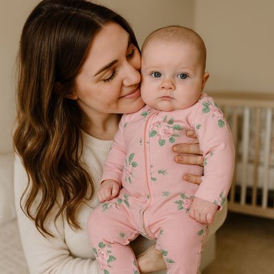 Pyjama bébé rose pâle à motifs de petites cerises, confortable.