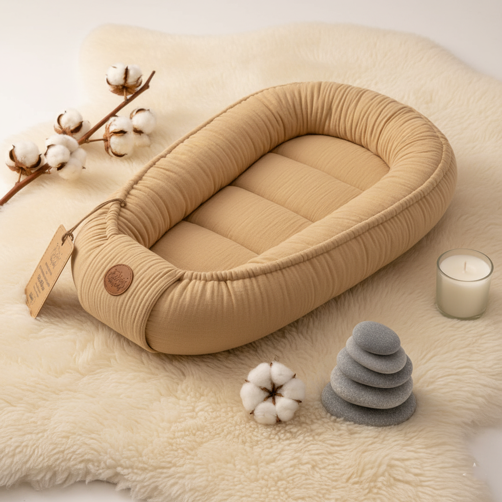 Réducteur de Lit Bébé Beige Décrit  couleur naturelle et atmosphère apaisante créée par accessoires avec roche gris , chandelle