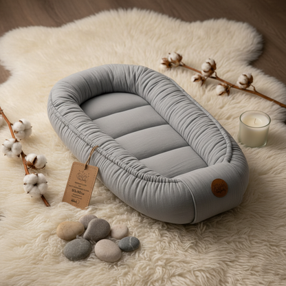 Réducteur de Lit Bébé Gris  Souligne présence de étiquette produit et ambiance naturelle