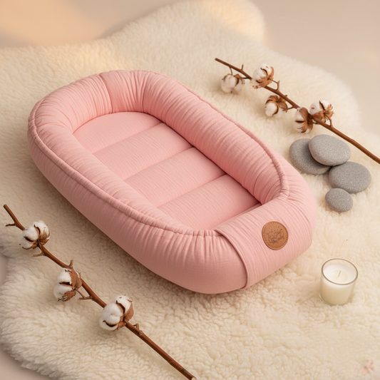 Réducteur de Lit Bébé  Rose poudré Met en avant couleur et  texture côtelée avec  mise en scène décorative