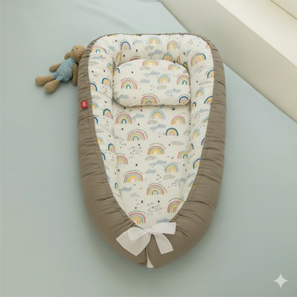 Reducteur de lit gris avec intérieur à motifs d'arcs-en-ciel et une peluche bleu à côté