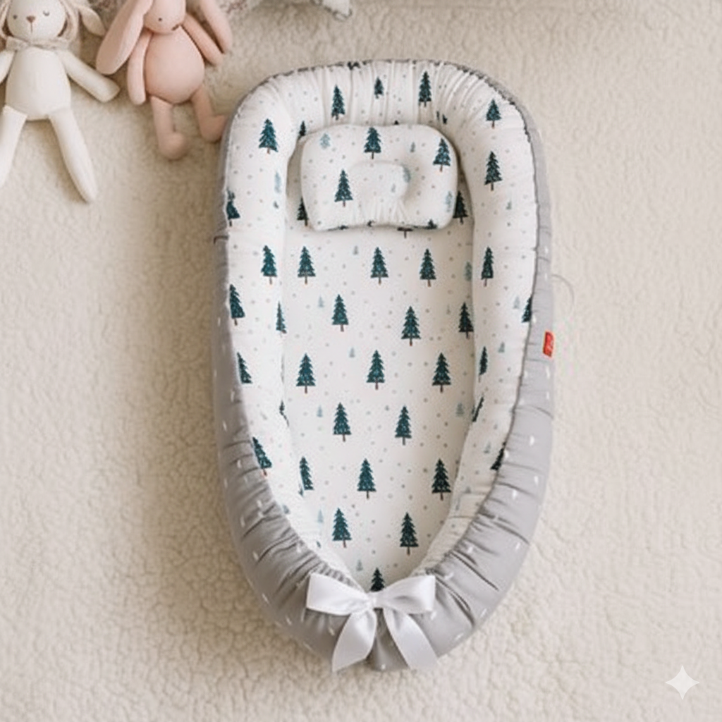 Reducteur de lit gris à motifs de sapins, avec  ruban blanc, posé sur couverture moelleuse.