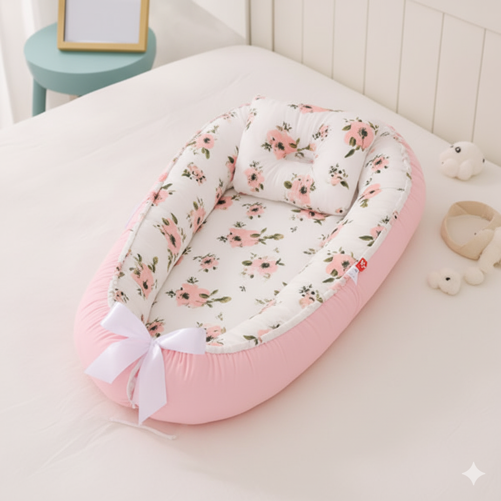 Reducteur de lit rose à motifs floraux, posé sur  lit blanc