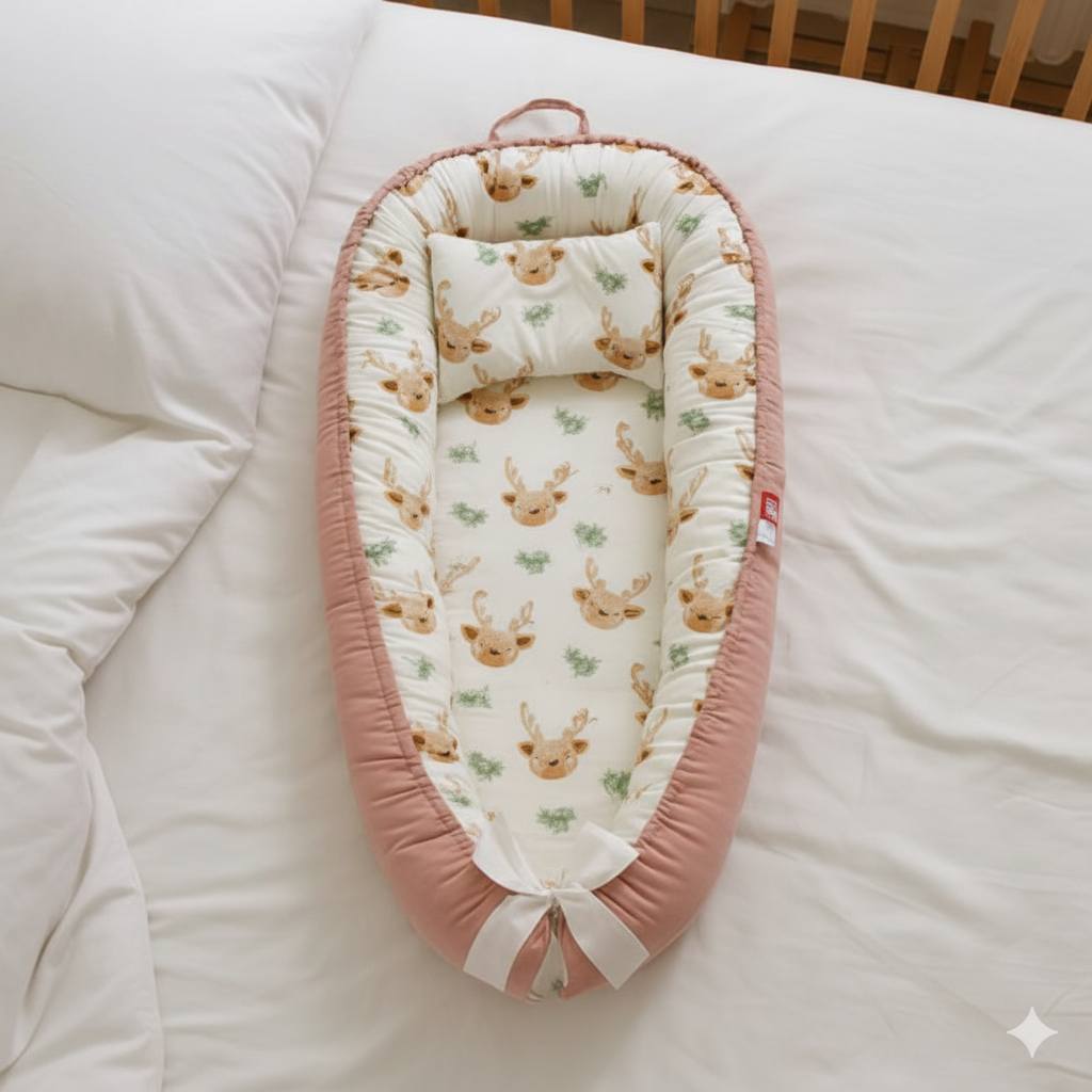 Reducteur de lit rose à motifs floraux, posé sur un lit blanc
