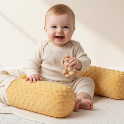Un bébé joyeux joue avec un hochet en bois sur un coussin