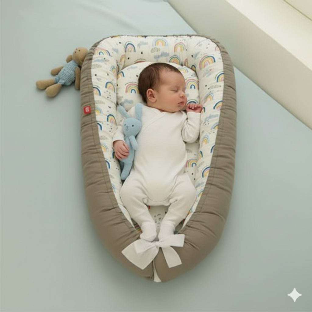 bébé dort paisiblement dans reducteur de lit gris à motifs d'arcs-en-ciel, tenant  peluche lapin bleue