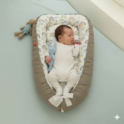 bébé dort paisiblement dans reducteur de lit gris à motifs d'arcs-en-ciel, tenant  peluche lapin bleue