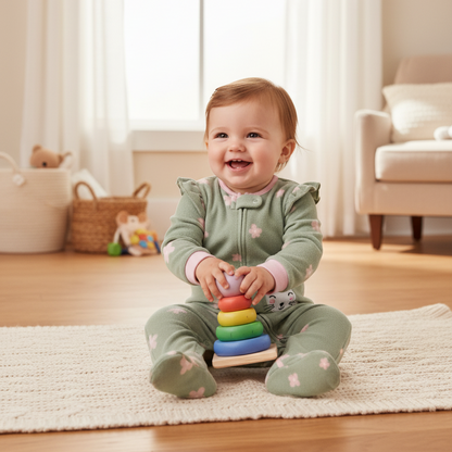 bébé joyeux et actif, jouant au sol ou dans  parc, portant grenouillère