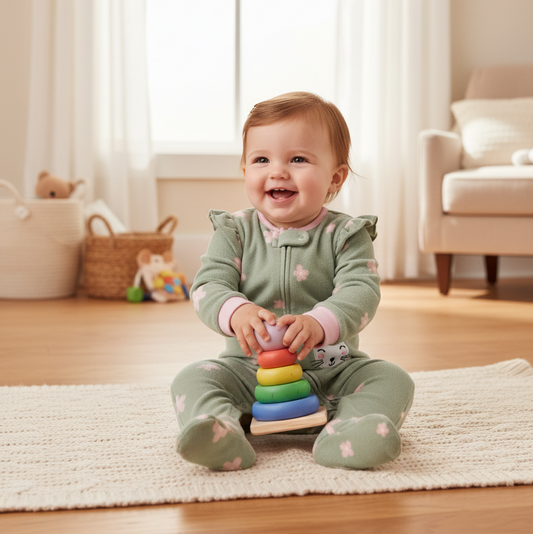 bébé joyeux et actif, jouant au sol ou dans  parc, portant grenouillère