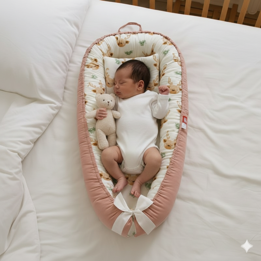 bébé paisiblement endormi dans reducteur de lit rose à motifs, avec petite peluche