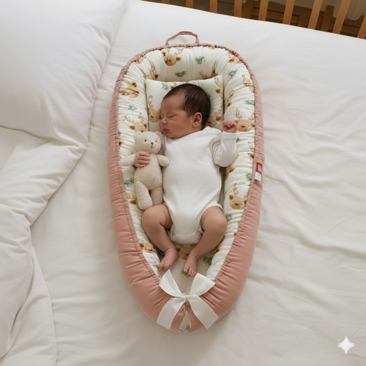  bébé paisiblement endormi dans reducteur de lit rose à motifs, avec petite peluche
