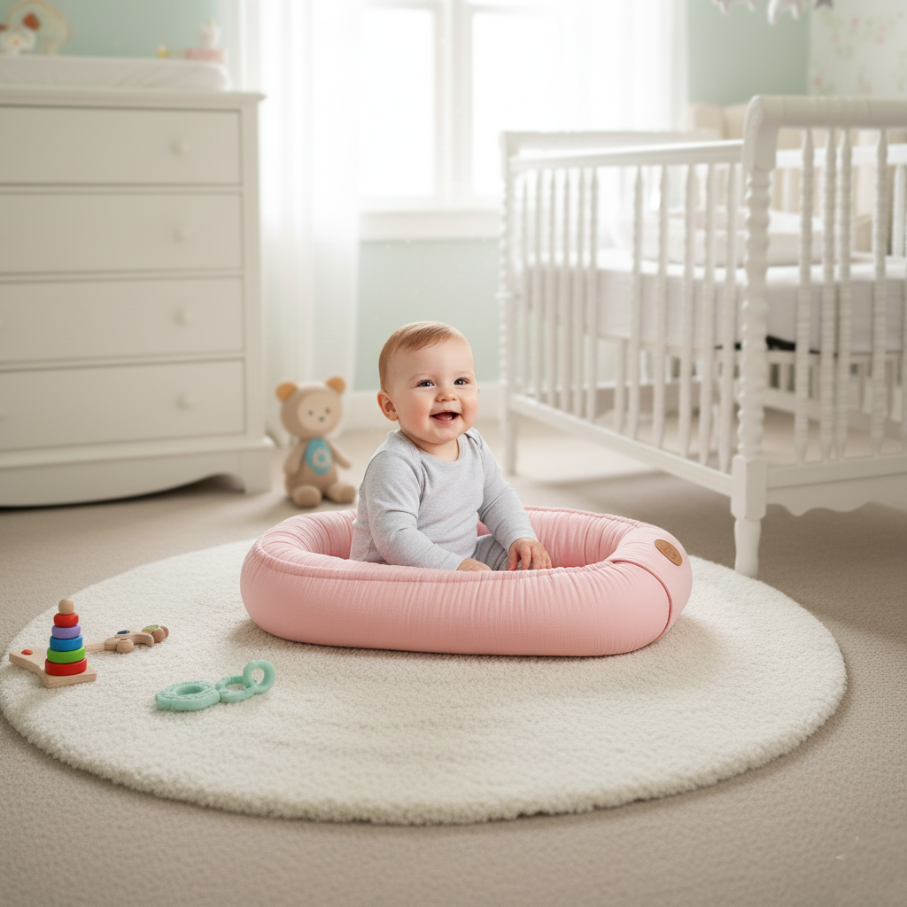  bébé souriant assis dans réducteur de lit bébé rose avec  jouets