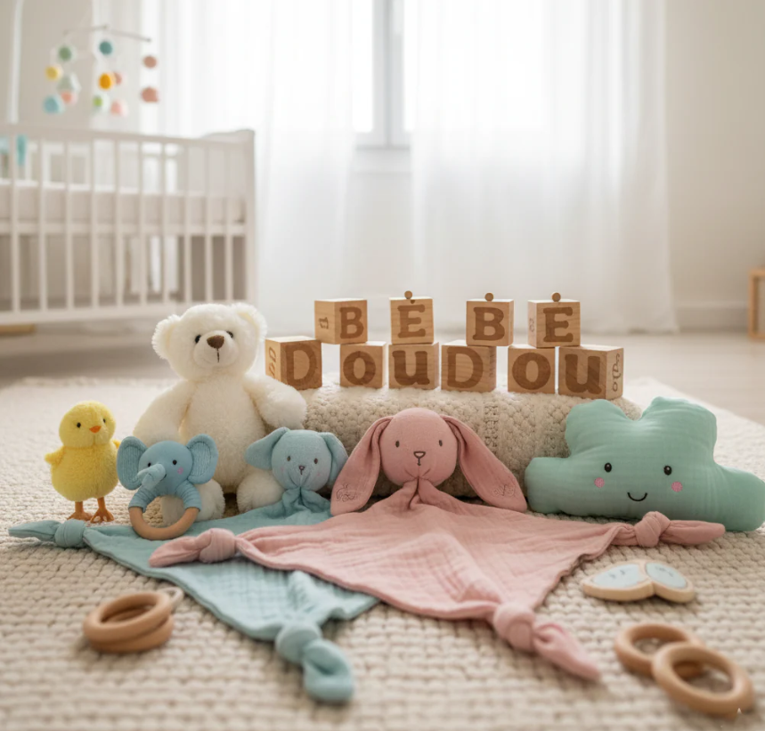 Collection de jouets pour bébé : peluches, doudous, cubes en bois et anneaux de dentition