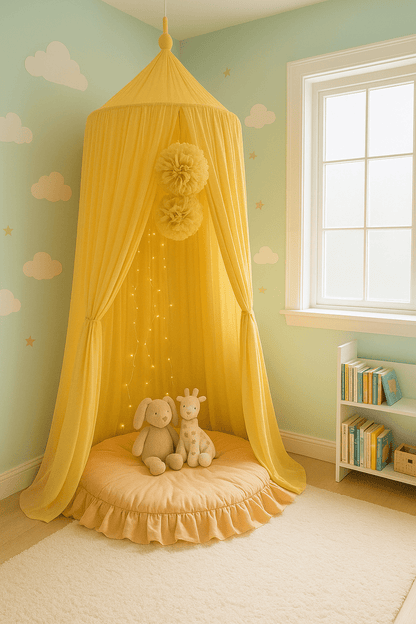 ciel de lit cabane jaune atmosphere chaleureuse