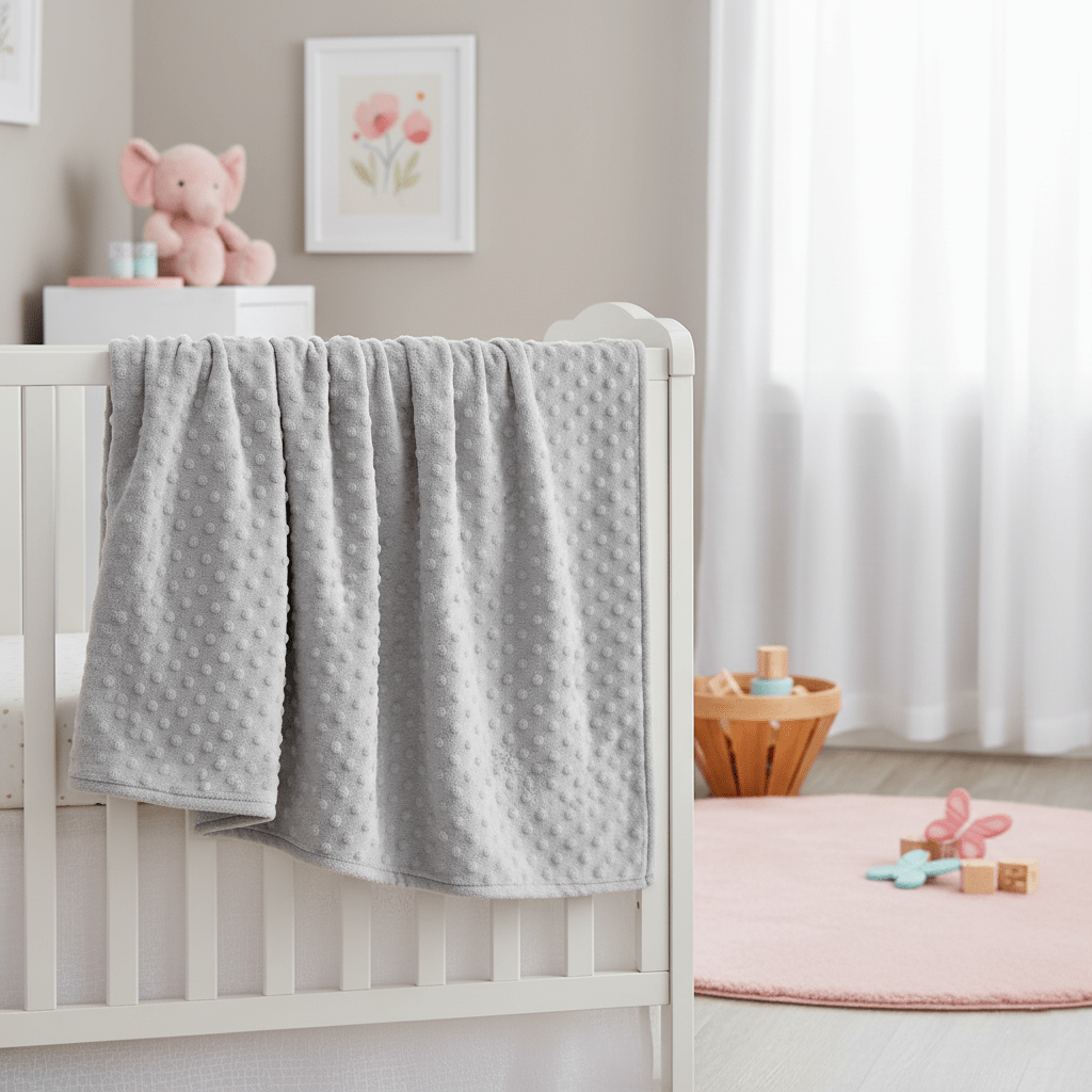 Couverture bébé grise minky dans chambre de bébé