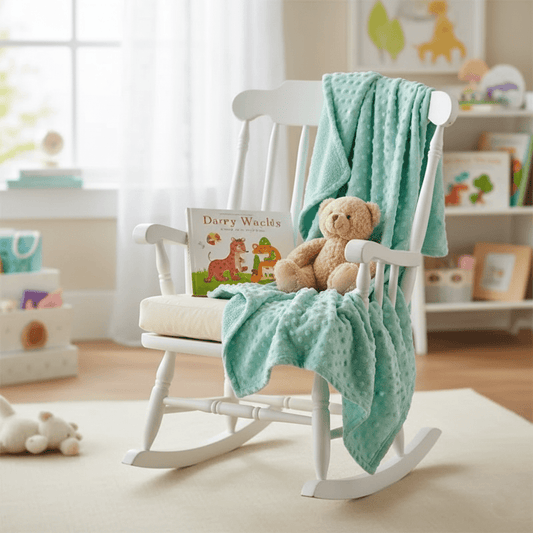 Couverture bébé verte  sur chair blanc avec ours en peluche
