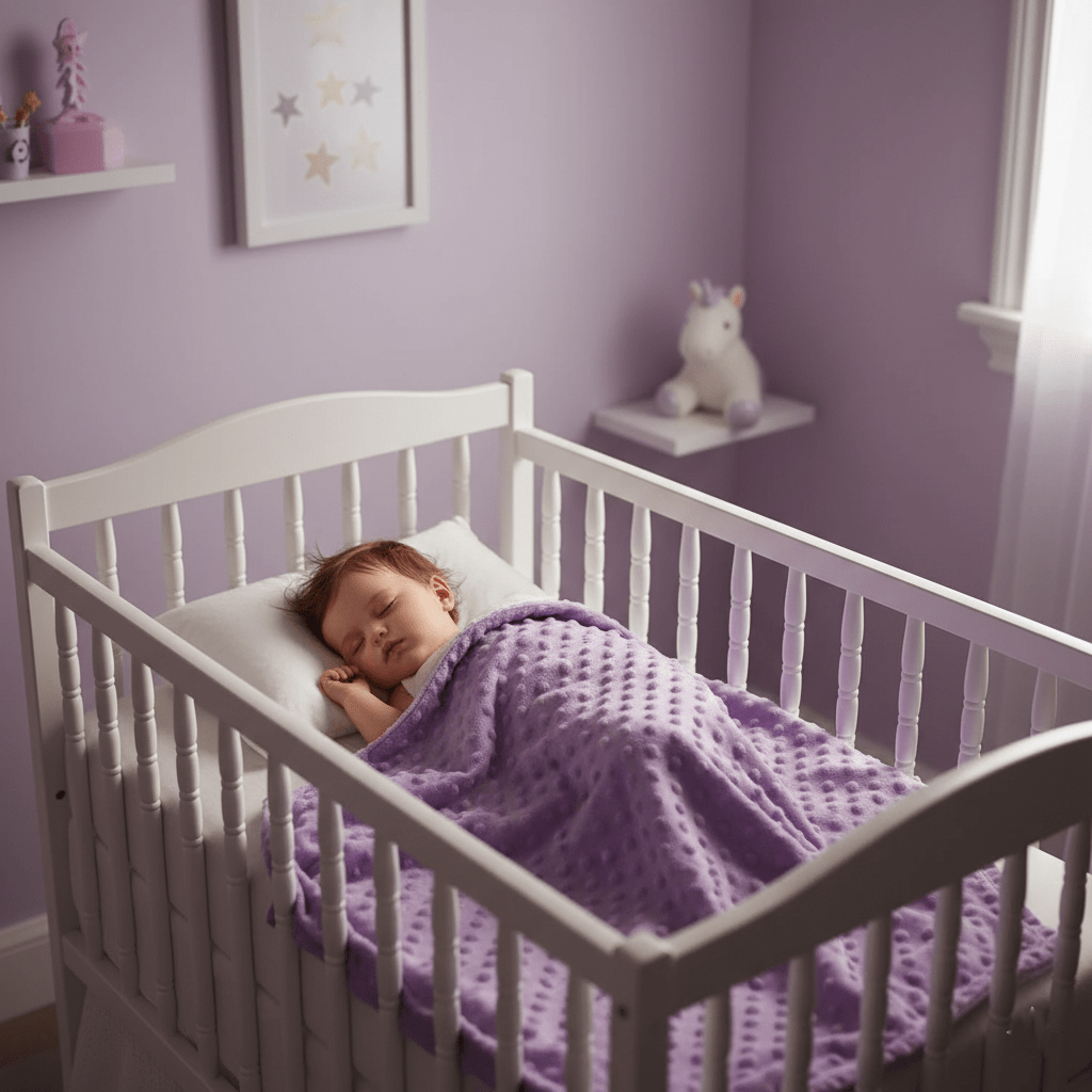 Bébé endormi avec couverture bébé violette minky dans lit blanc