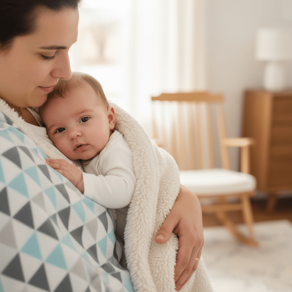 Maman tenant tendrement son bébé enveloppé dans  couverture polaire blanche à motifs géométriques dans  chambre lumineuse