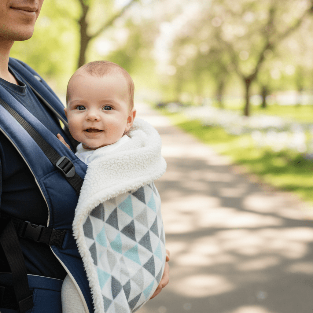 Papa portant son bébé en porte-bébé, l'enfant étant couvert de couverture à motifs triangulaires lors  promenade en parc