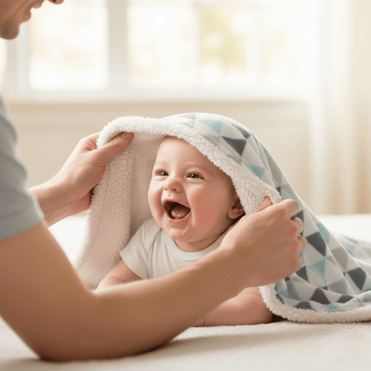 Bébé souriant et joyeux jouant à cache-cache sous couverture bébé à motifs triangulaires bleu et gris avec doublure polaire blanche