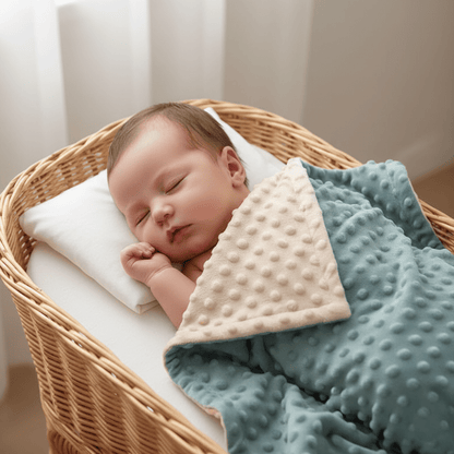 Nouveau-né paisiblement endormi dans  couffin en osier avec couverture réversible beige et bleu-vert à texture gaufrée, créant  atmosphère douce et apaisante
