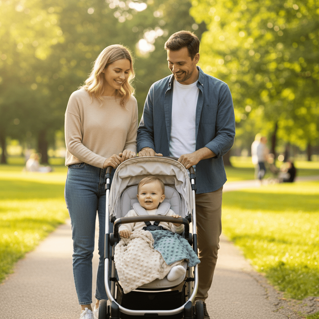 Jeune couple heureux promenant leur bébé dans  poussette avec couvertures texturées, illustrant moments familiaux en extérieur